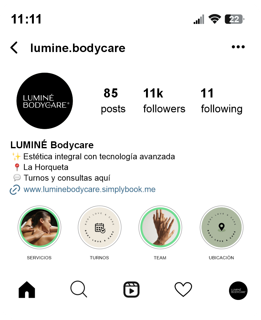 Perfil de Instagram de Luminé sobre un fondo de marca animado