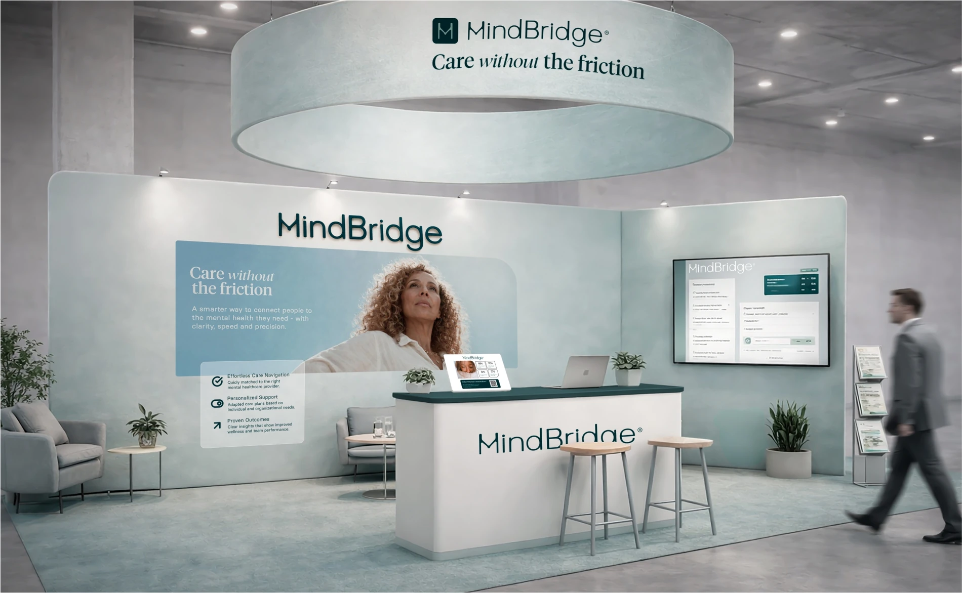 Identidad de MindBridge aplicada a un espacio de marca